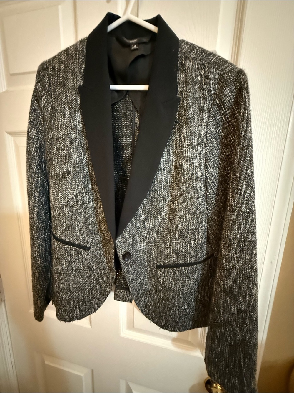 Textured Black & Gray Women's Blazer with Satin Shawl Collar